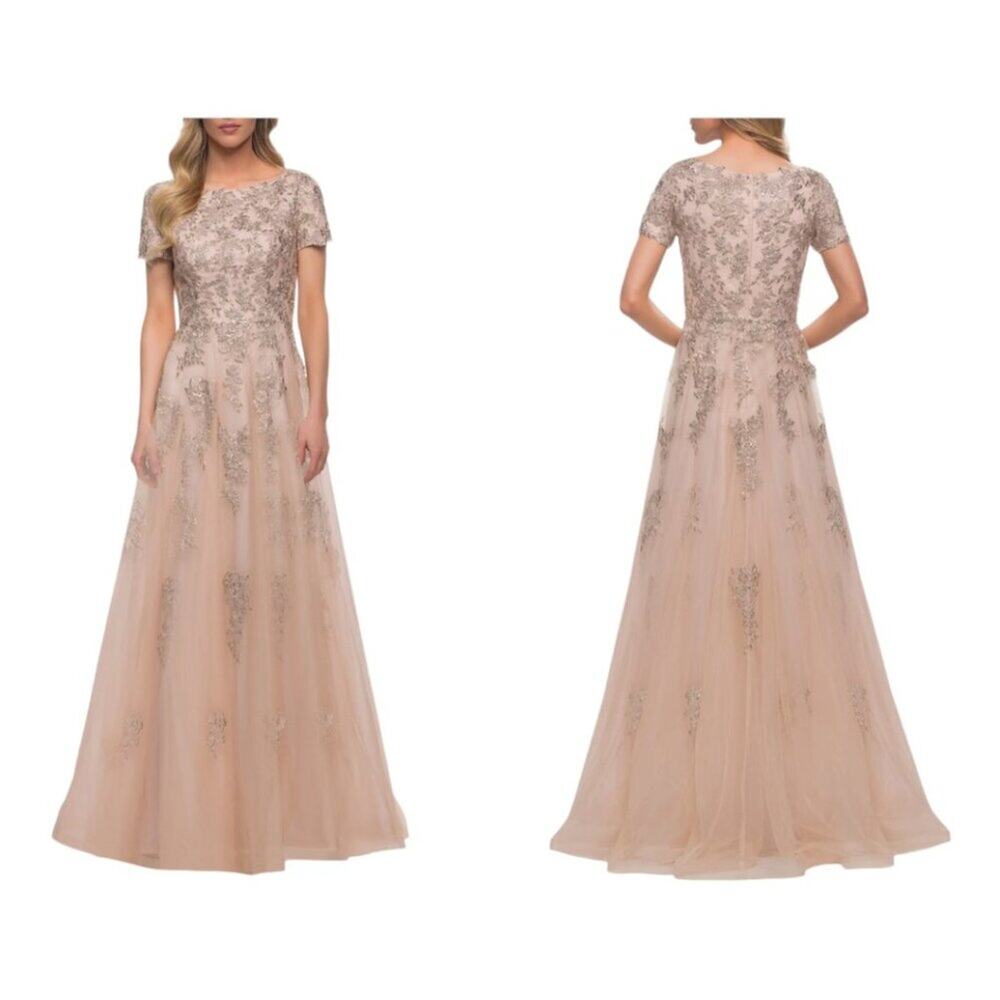 La Femme Lace & Tulle A-Line Gown Nude Size 12 NWOT $619 MSRP